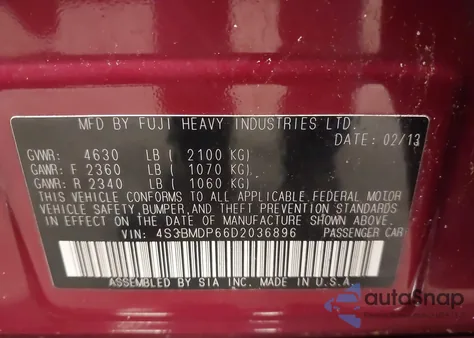 2013 Subaru Legacy 3.6R Limited from USA, damaged, VIN 4S3BMDP66D2036896